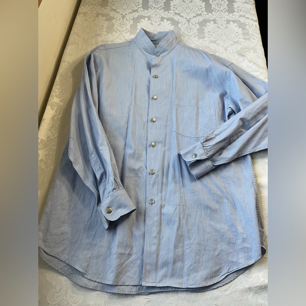 Stubbs Pinstripe Shirt Removable Metal Etched Buttons Banded Collar Size Large